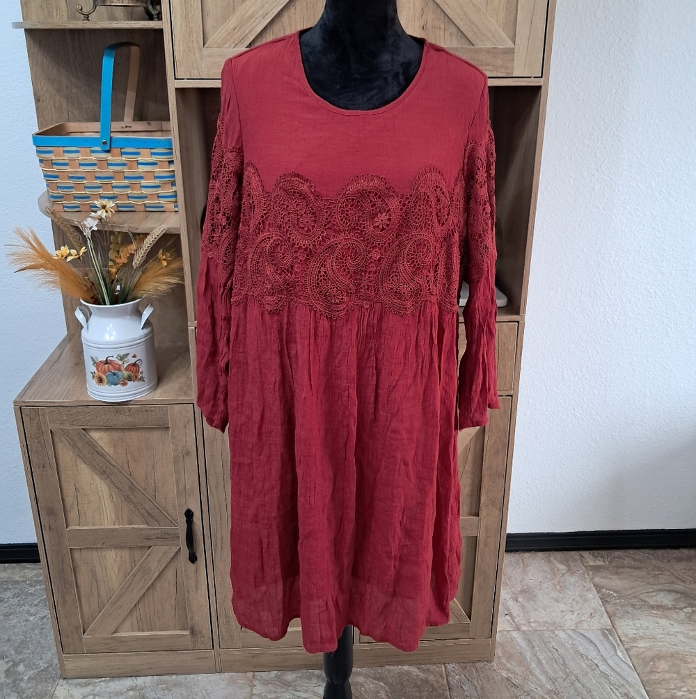 Indigo Rose Lace Cutout Dress Wine Red Lined Flare Sleeve Round Neck Peasant
